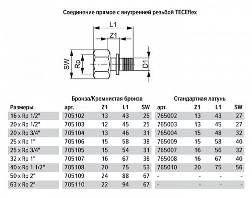 Соединение TECE TECEflex прямое с внутренней резьбой, 16 х 1/2, латунь 765002