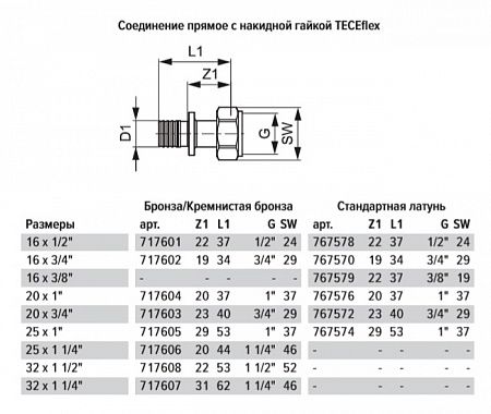 Соединение TECE TECEflex прямое с накидной гайкой 16 х 1/2, латунь 767578