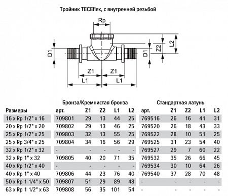 Тройник TECE TECEflex 90 гр, с внутренней резьбой, 20 х 1 2 х 20, латунь, внутренняя резьба 769520