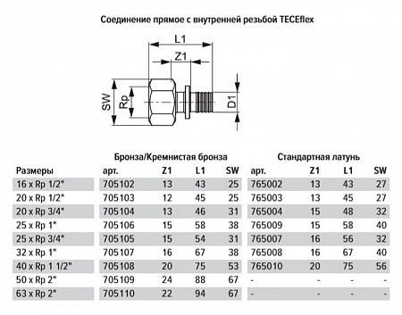 Соединение TECE TECEflex прямое с внутренней резьбой, 40 х 1 1/2, бронза 705108