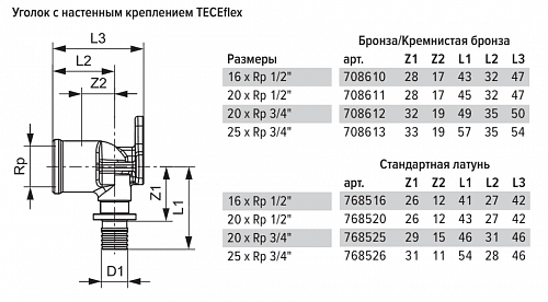 Уголок TECE TECEflex с настенным креплением 20 х 3 4, латунь, внутренняя резьба 768525